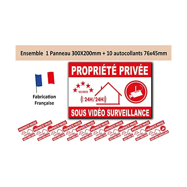 Pack 1 Panneau,10 adhésifs propriété privée sous vidéo Surveillance-Panneau vidéo surveillance-Panneaux Signalétiques
