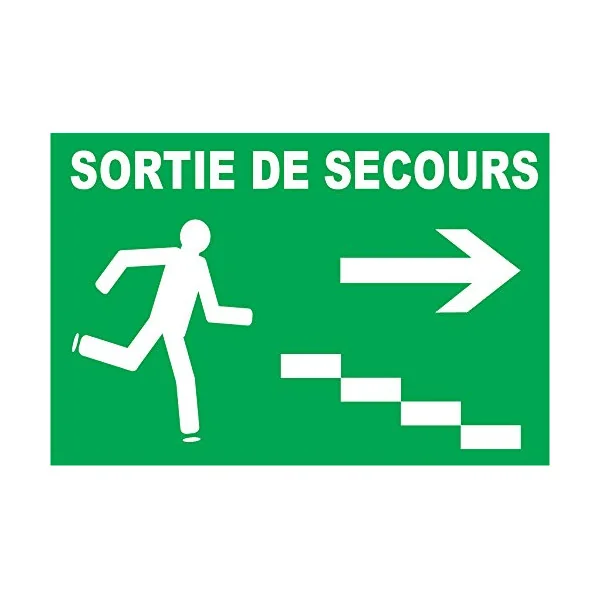Sortie de secours avec escalier à droite-Panneau évacuation et sortie de secours-Panneaux Signalétiques
