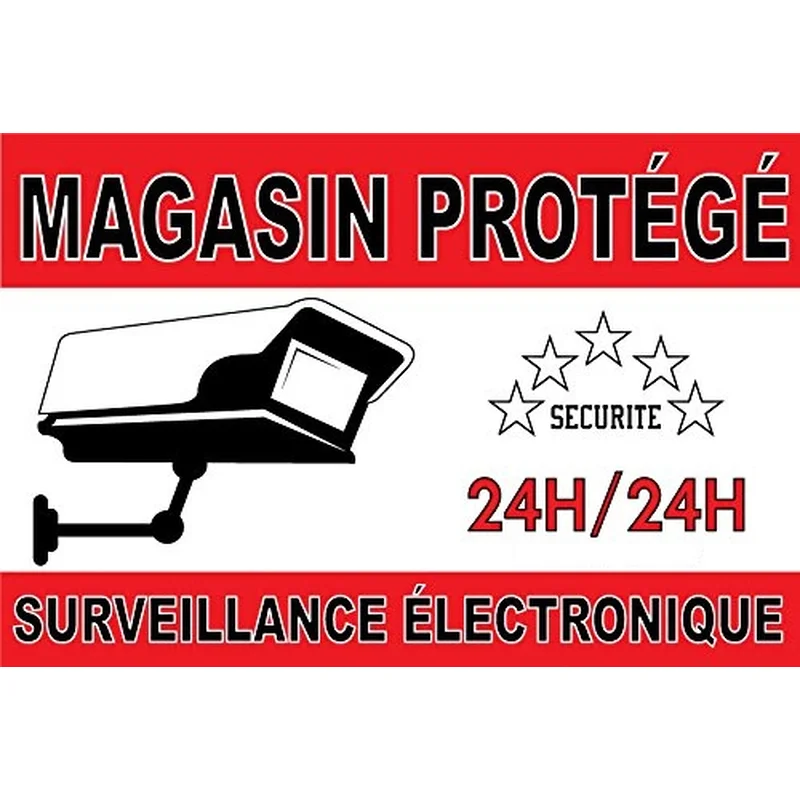 Autocollant « Magasin protégé – Surveillance électronique » avec caméra et mention 24H/24