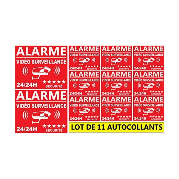 Autocollant de Dissuasion Alarme vidéo Surveillance 24/24h Lot de 11 pièces en 2 Tailles-Panneau vidéo surveillance-Vinyle-
