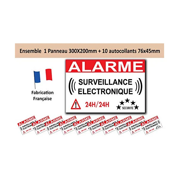 Pack 1 Panneau,10 adhésifs Alarme Surveillance 24h/24-Panneau vidéo surveillance-Panneaux Signalétiques