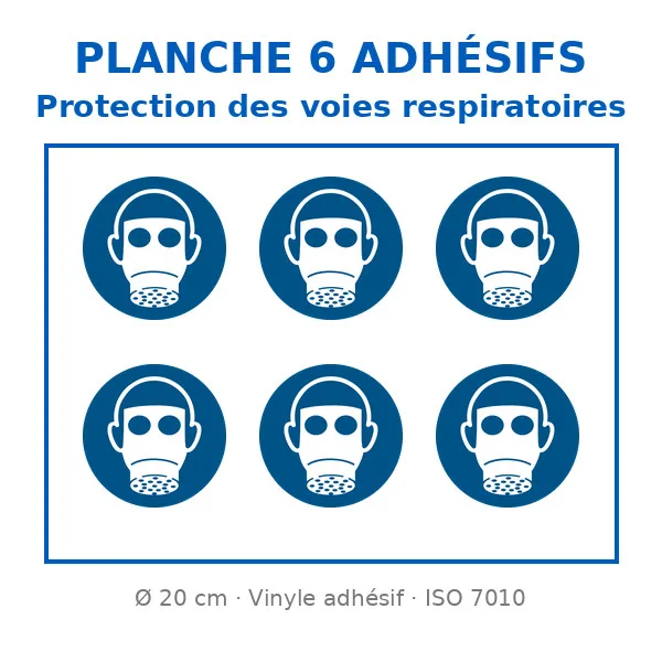 Planche de 6 adhésifs Protection voies respiratoires-Pictogramme EPI-Panneaux Signalétiques