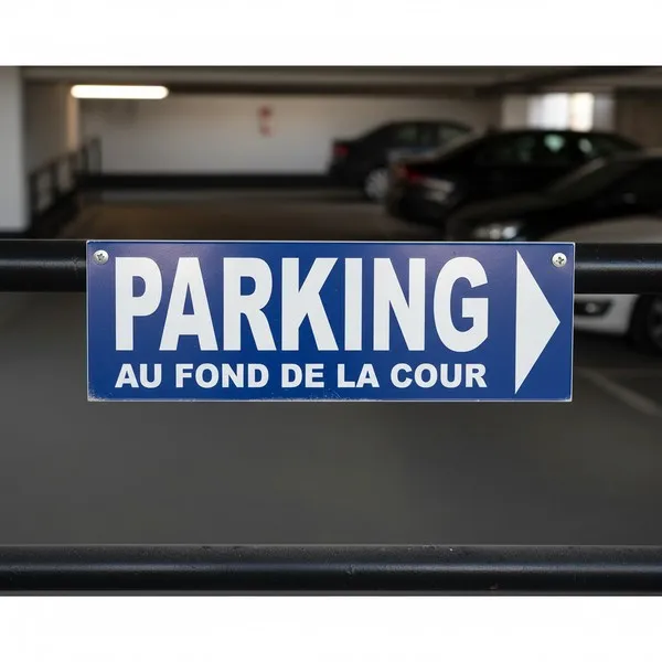 Panneau Parking : direction droite au fond de la cour