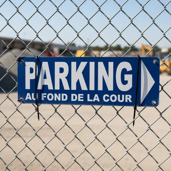 Panneau Parking : direction droite au fond de la cour