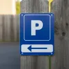 Panneau parking avec flèche à gauche, fond bleu