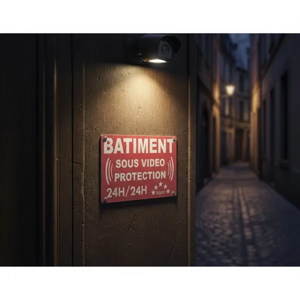 Panneau bâtiment sous surveillance caméra vidéo 24h/24