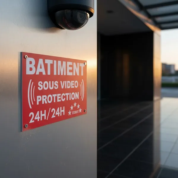 Panneau bâtiment sous surveillance caméra vidéo 24h/24