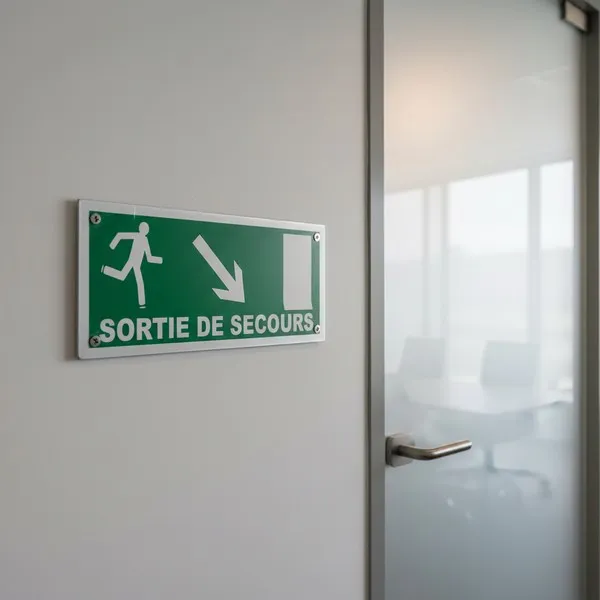 Panneau sortie de secours porte en bas – Sécurité évacuation