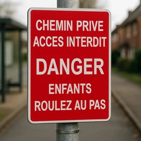 Panneau chemin privé accès interdit danger enfants roulez au pas