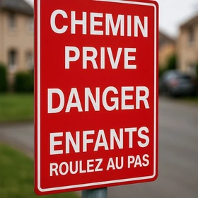 Panneau Chemin privé danger enfants roulez au pas