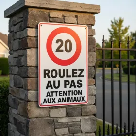 Panneau roulez au pas animaux, vitesse 20km/h, sécurité enfants