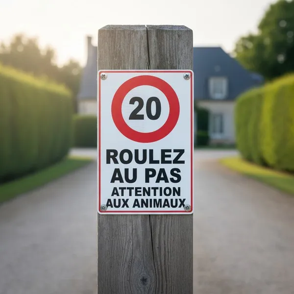 Panneau roulez au pas animaux, vitesse 20km/h, sécurité enfants