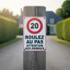 Panneau roulez au pas animaux, vitesse 20km/h, sécurité enfants