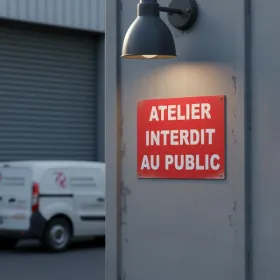Panneau Atelier interdit au public, réservé aux pros