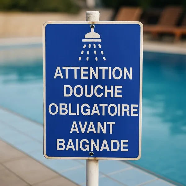 Panneau Attention : douche obligatoire avant baignade | Piscine
