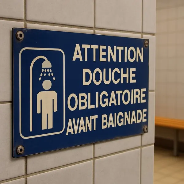Panneau Attention : douche obligatoire avant baignade | Piscine