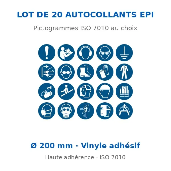 Lot 20 autocollants pictogrammes EPI au choix ∅ 20 cm · Pictogramme EP