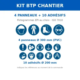 Kit BTP — 4 panneaux + 10 adhésifs Port des EPI · Pictogramme EPI ISO