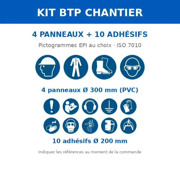 Kit BTP — 4 panneaux + 10 adhésifs Port des EPI · Pictogramme EPI ISO