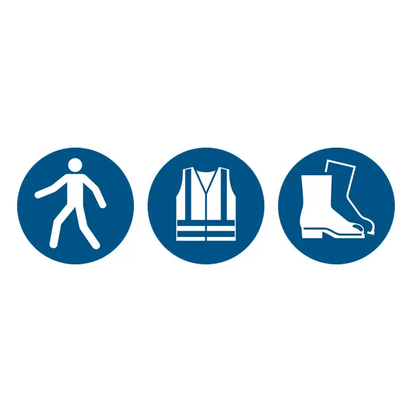M024+M015+M008 — Passage piéton + Gilet HV + Chaussures · Pictogramme