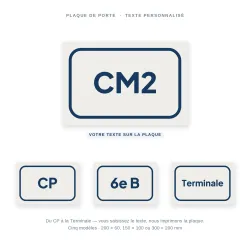 Plaque de porte salle de classe personnalisable — exemples CP, 6e, Terminale