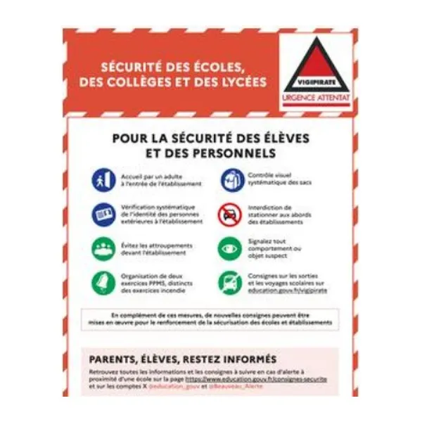 Panneau Sécurité Vigipirate Urgence Attentat — Écoles, Collèges, Lycées