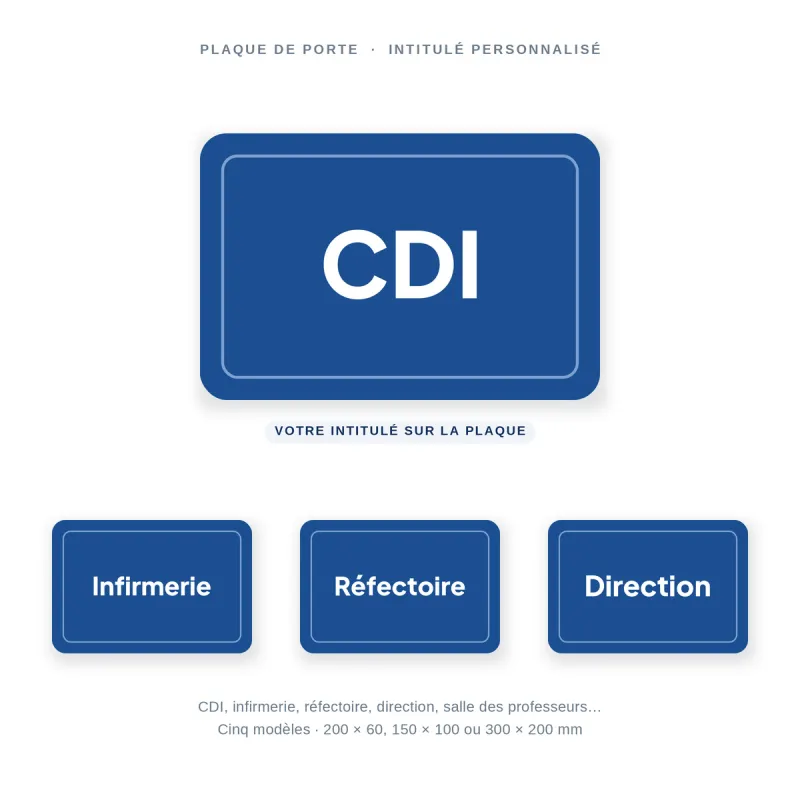 Plaque de porte locaux scolaires personnalisable — CDI, infirmerie, réfectoire