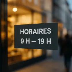 Vinyle adhésif personnalisé allongé, collé sur la vitrine d'un commerce à la tombée du jour