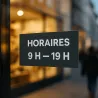 Vinyle adhésif personnalisé allongé, collé sur la vitrine d'un commerce à la tombée du jour