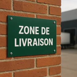 Panneau personnalisé allongé en aluminium Dibond vert, boulonné sur un mur de briques d'entrepôt