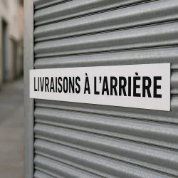 Vinyle adhésif personnalisé extra-long, collé sur un rideau métallique de commerce
