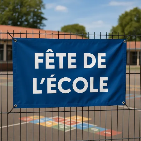 Banderole personnalisée en bâche PVC, tendue par ses œillets sur la clôture d'une école