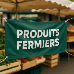 Banderole personnalisée attachée au cadre d'un étal de marché