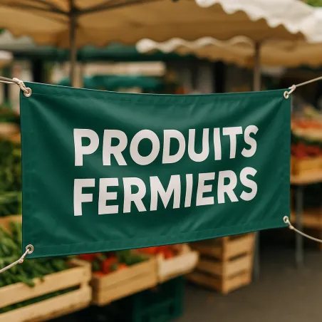 Banderole personnalisée attachée au cadre d'un étal de marché