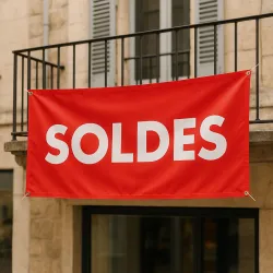 Banderole personnalisée suspendue au balcon d'une façade de commerce
