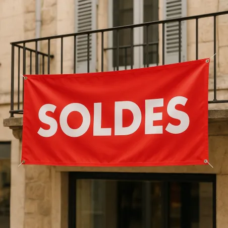 Banderole personnalisée suspendue au balcon d'une façade de commerce
