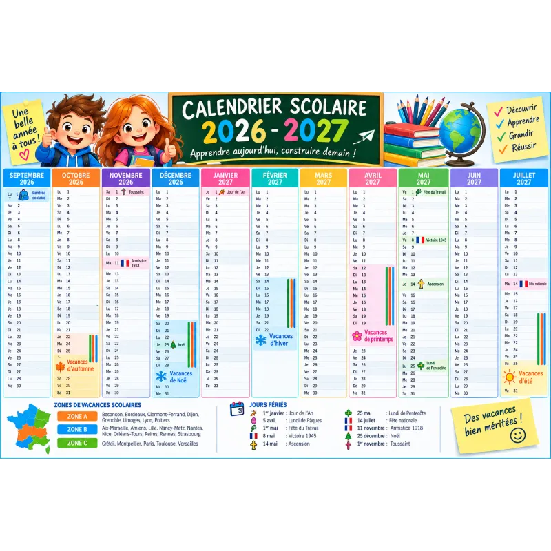 Calendrier scolaire 2026-2027 zones A B C – affiche 120 × 80