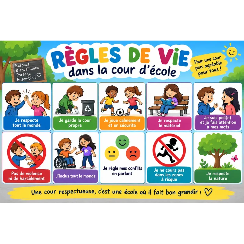 Panneau règles de vie cour d'école – 600 × 400 mm PVC ou alu