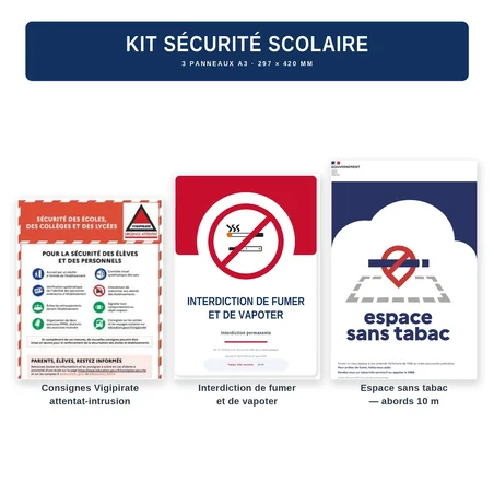 Kit sécurité scolaire — consignes Vigipirate, interdiction de fumer et de vapoter, espace sans tabac