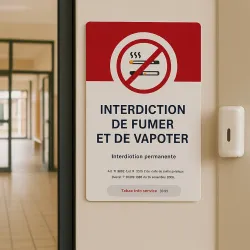 Interdiction de fumer et de vapoter — hall, à côté de la porte vitrée