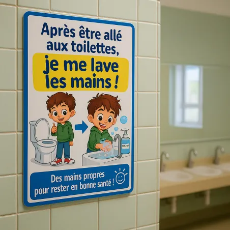 Après les toilettes, je me lave les mains — sanitaires de maternelle, au-dessus des lavabos