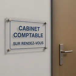 Plaque professionnelle plexi — couloir d'immeuble de bureaux