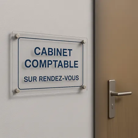 Plaque professionnelle plexi — couloir d'immeuble de bureaux