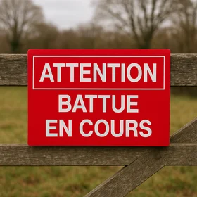 Panneau Attention battue en cours vissé sur une barrière en bois
