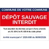 Panneau Dépôt sauvage interdit personnalisé au nom de la commune avec numéro d'arrêté
