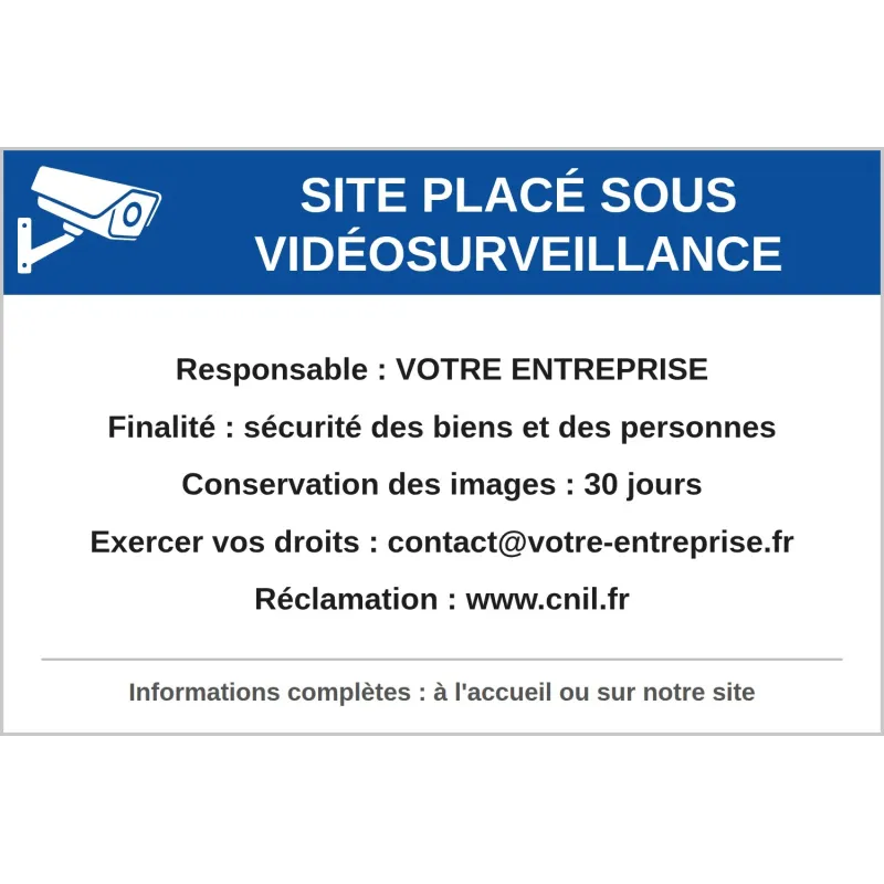 Panneau vidéosurveillance conforme RGPD personnalisé avec mentions d'information
