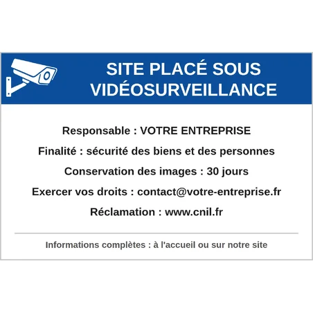 Panneau vidéosurveillance conforme RGPD personnalisé avec mentions d'information