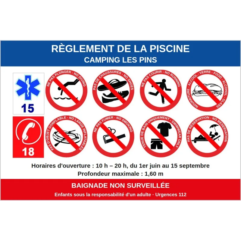 Règlement de piscine personnalisé au nom de l'établissement