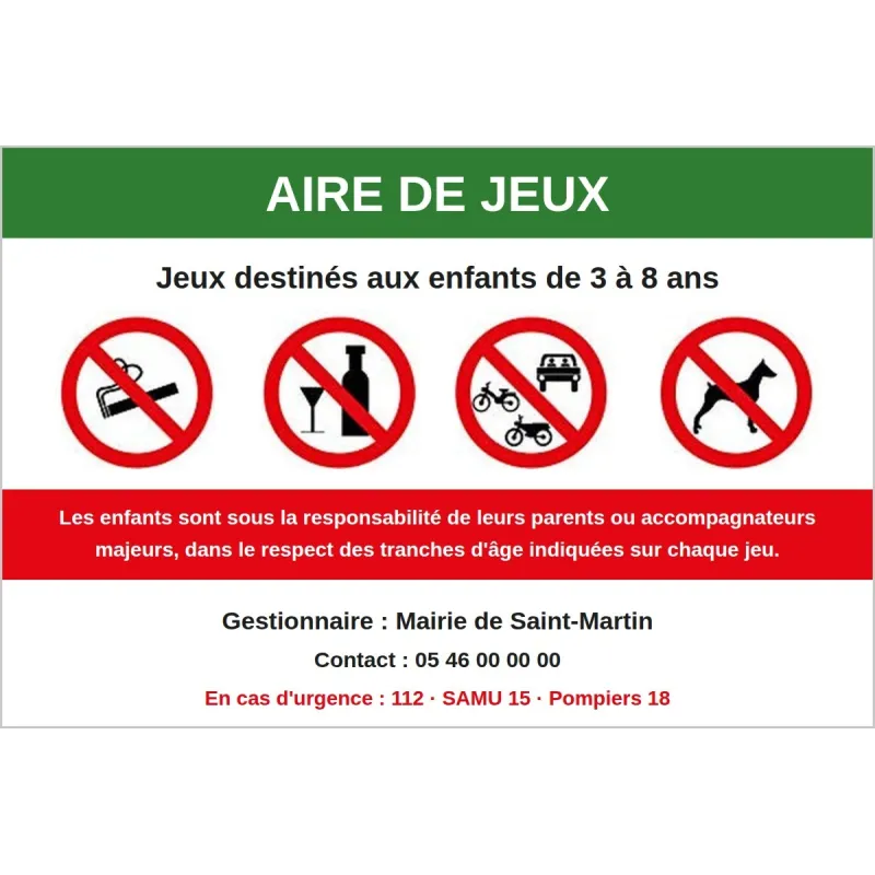 Panneau d'information aire de jeux personnalisé avec gestionnaire et tranche d'âge