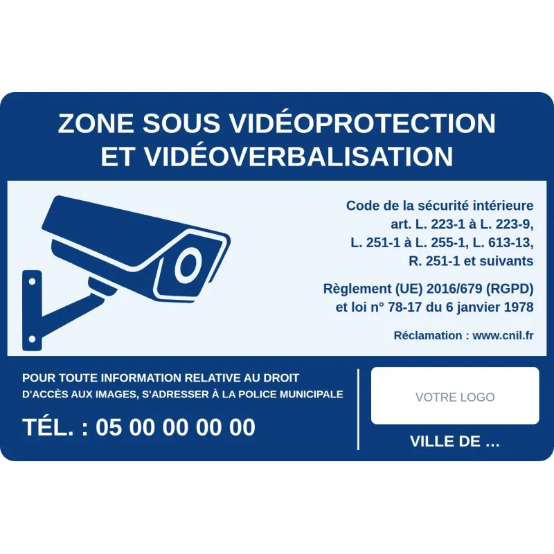 Panneau zone sous vidéoprotection et vidéoverbalisation personnalisé pour commune